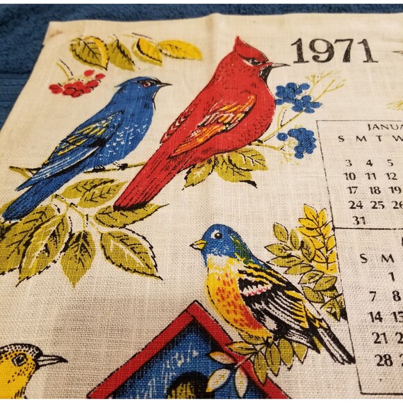 Vintage linen tea towel birds 1971 calendar new old stock - Picture 2 of 7